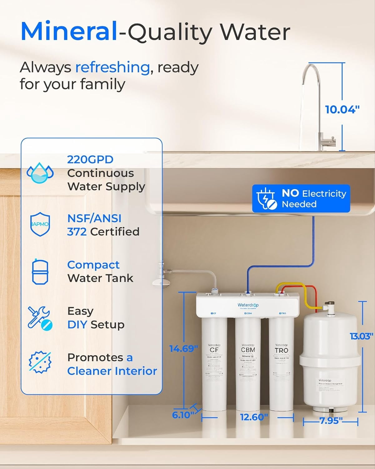 Waterdrop T3-T 220 GPD, Remineralization 7-Stage Reverse Osmosis System, 2:1 Pure to Drain, NSF/ANSI 372 Certified Water Filtration System, Under Sink RO Water Filter with Water Tank, No Power Needed