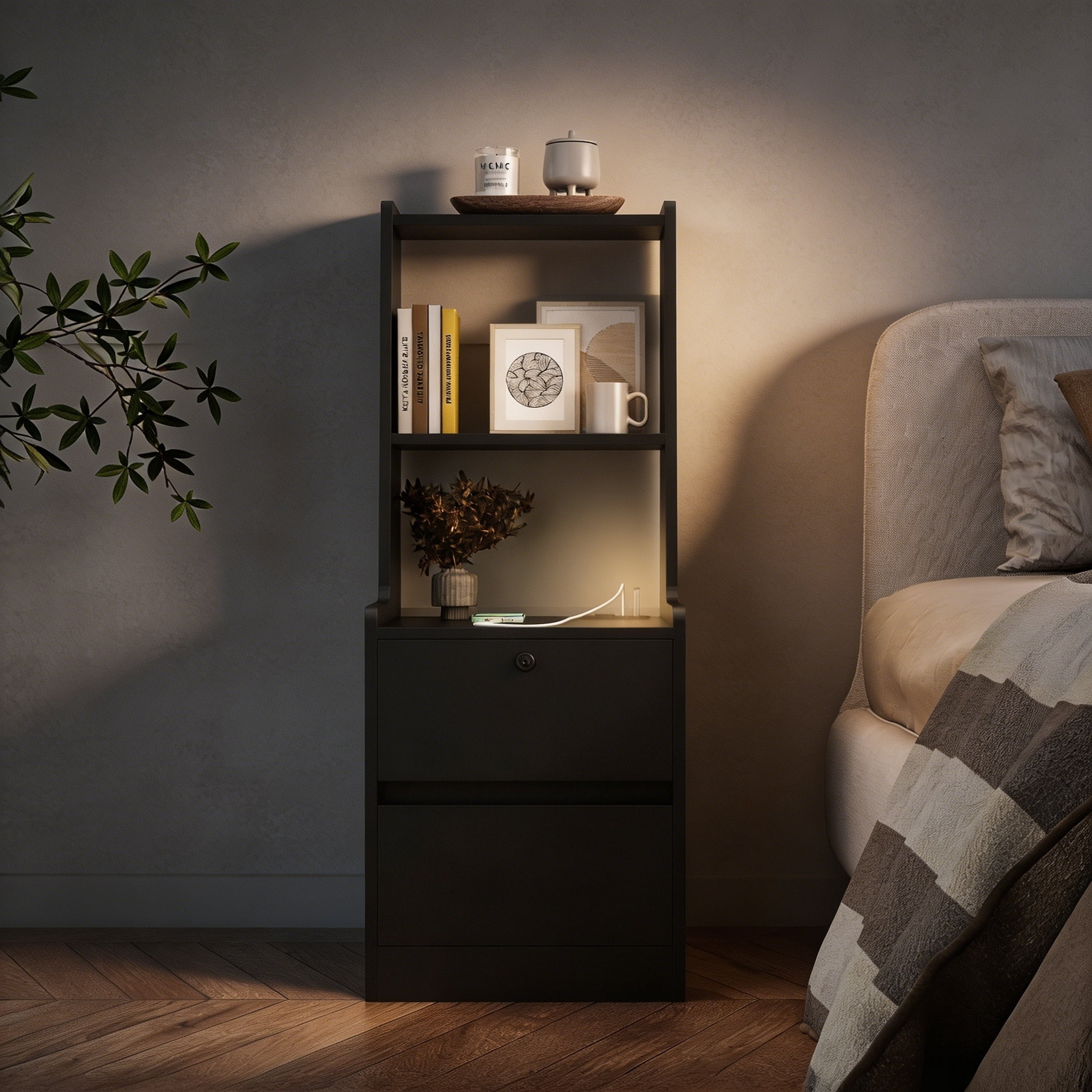 ANPPORT Smart Nightstand With Night Light and Charging Station, Modern Storage Cabinet and Bookshelf for Bedroom, Black