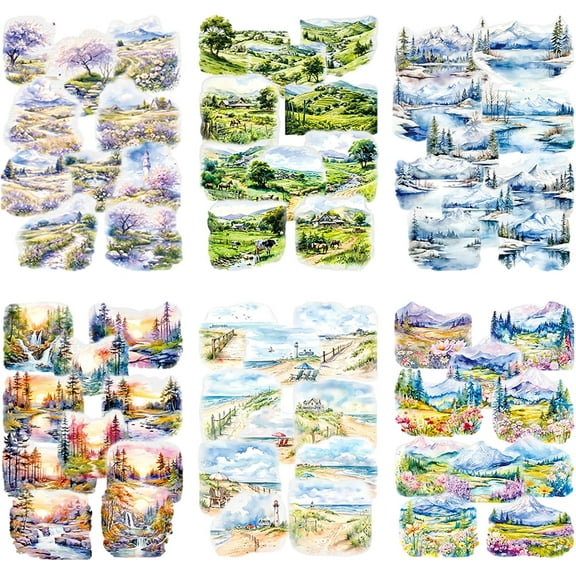 Landscape PET Stickers, 60 PCS Nature Forest Mountain Lake Scrapbook Stickers Transparent Waterproof Aesthetics Stickers Decals Set for Card Making Journaling Paper DIY Art Crafting