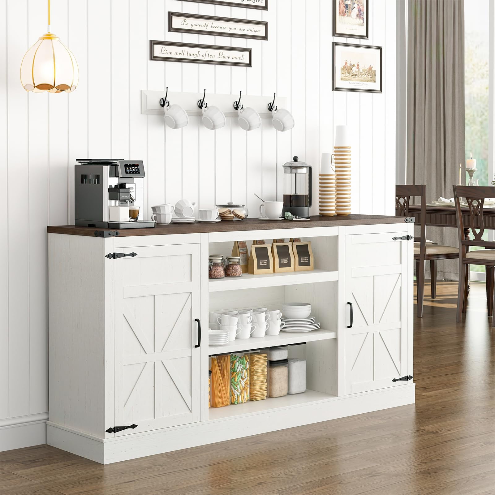 ChVans Farmhouse TV Stand for 65" 70" up 75" TVs with Power Outlet, 33" Tall TV Stand Entertainment Center with Storage, White TV Consoles For Living room Bedroom
