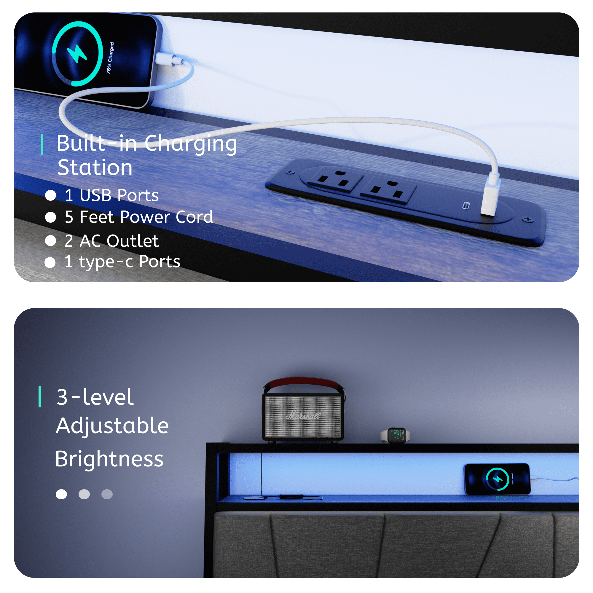 Full Bed Frame with Storage Headboard,Full Size Platform Bed Frame with Ergonomic Headboard,2 Storage Drawers, Built in Charging Station & LED, Outlets & USB,