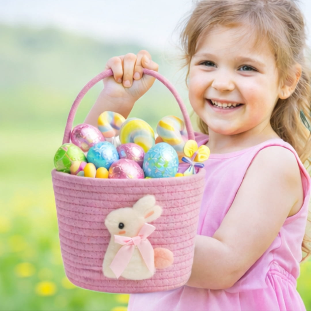 Easter Bunny Basket for Kids, Pink Easter Egg Hunt Basket with Handle, Cute Easter Candy Basket for Easter Gifts and Holiday Decorations