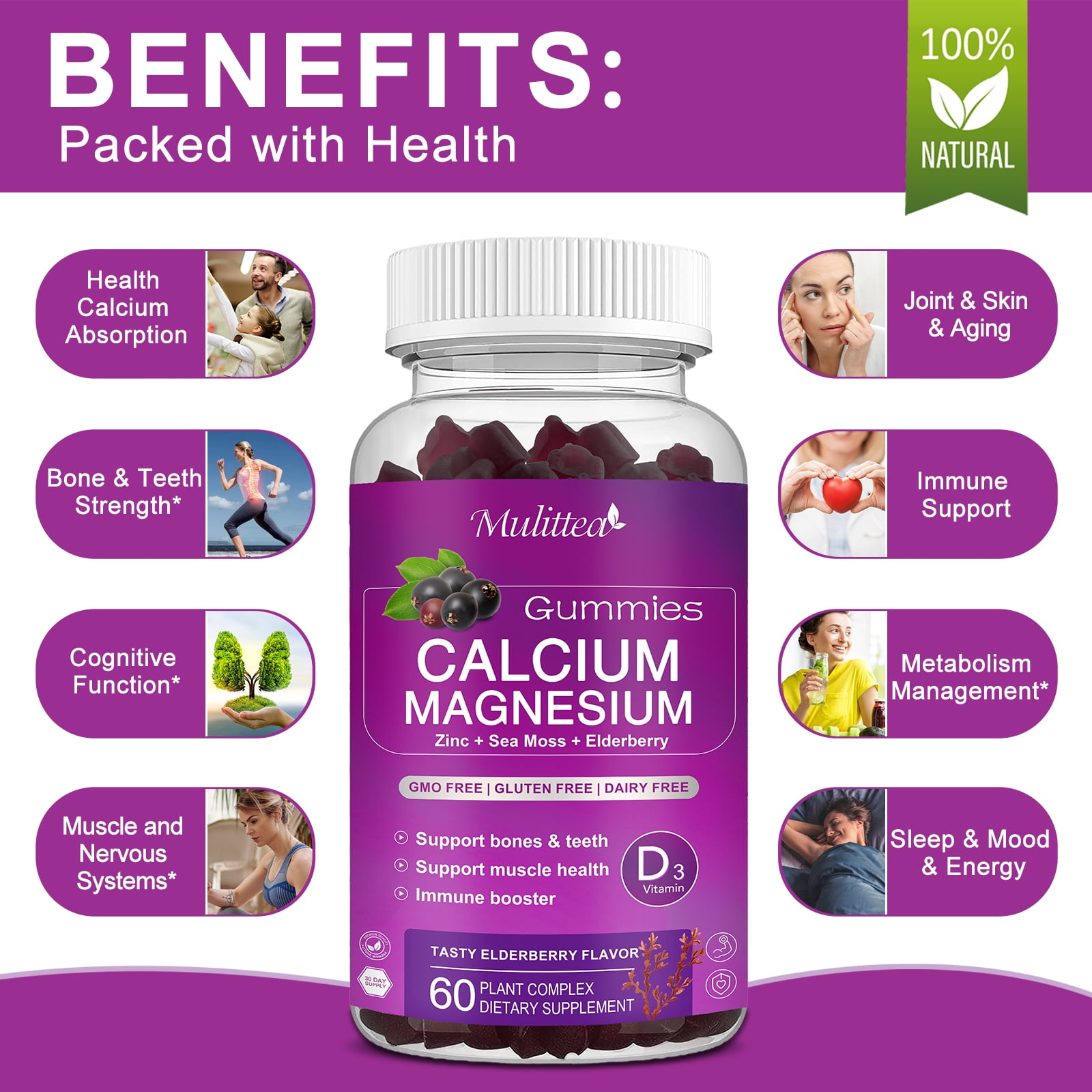 (2 Pack)Calcium Magnesium Zinc Gummies, Supplement for Bone, Muscles, Mood & Sleep Support,120 Count