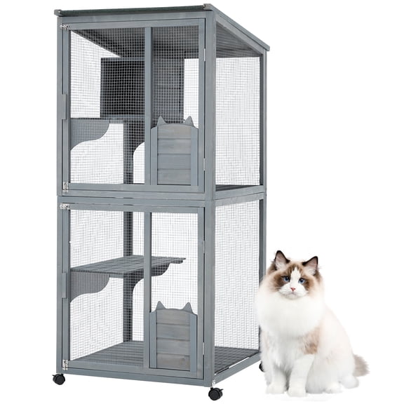 Catio Weatherproof Multi-Level Cat Enclosure, 69" Spacious Wooden Cat House with Roof, Lockable Wheels, Resting Boxes & Platforms for Multiple Cats, Indoor Outdoor Pet Shelter