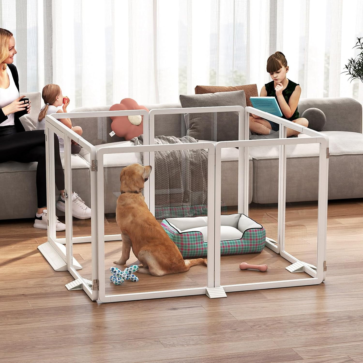 Slsy Indoor Clear Dog Playpen, Foldable Dog Playpen for Puppies, Cats and Small Animals, 26 Inch Clear Pet Puppy Playpen, 8 Panels, White Aluminum Frame