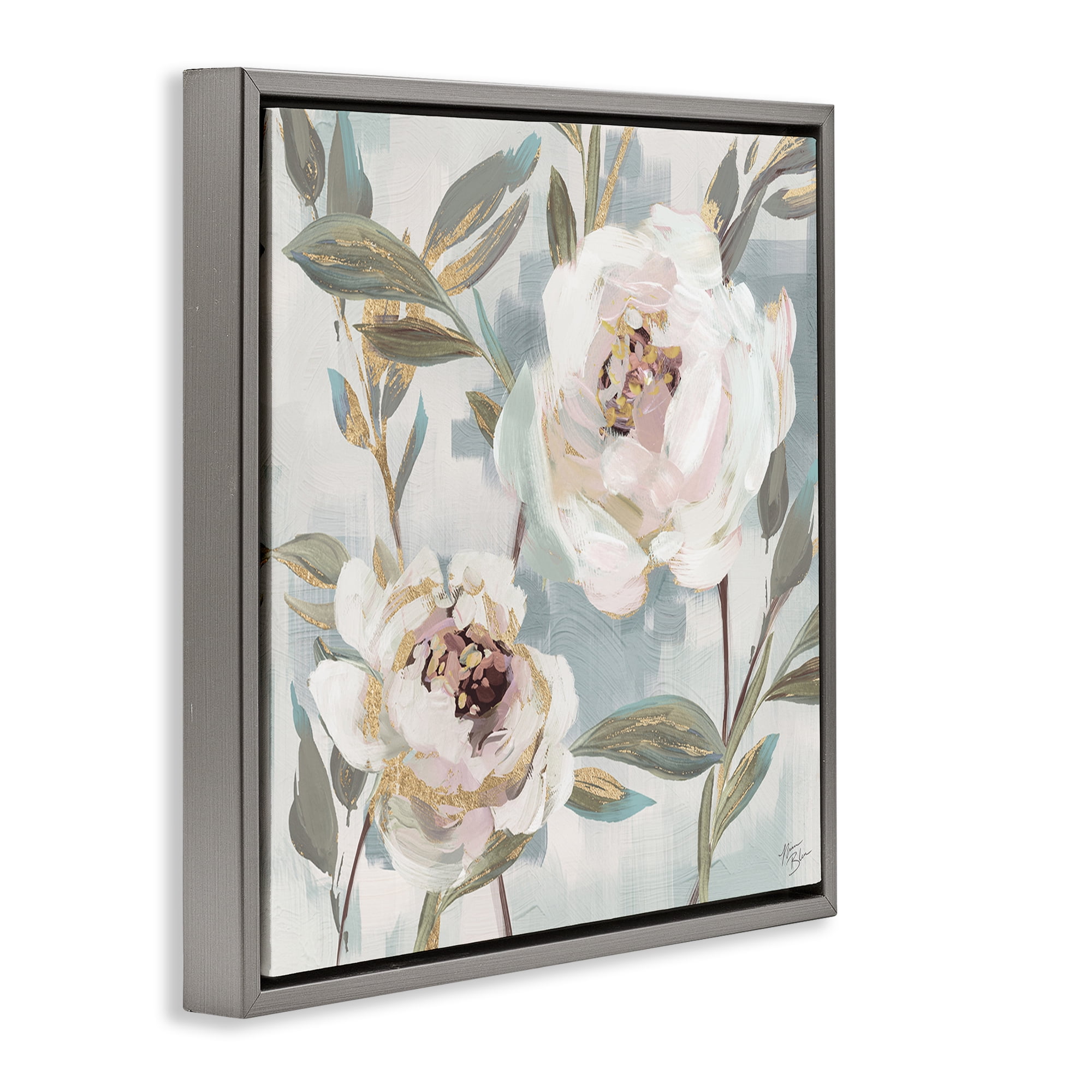 Stupell Industries White Peony Duo Plants & Flowers Painting Gray Floater Framed Canvas Art Print Wall Art, 18 x 18