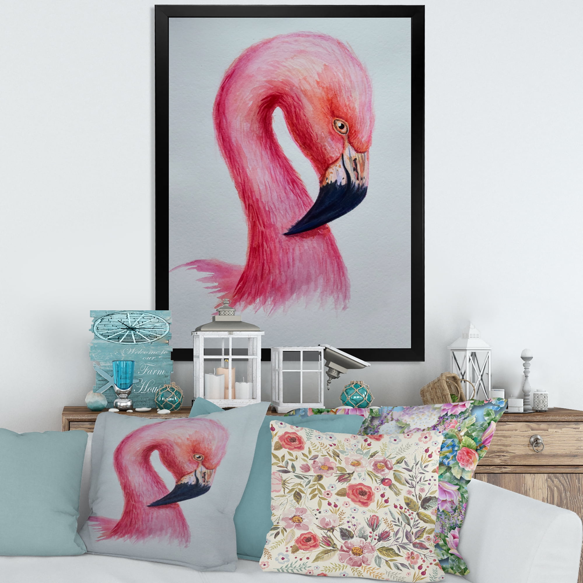 Designart 'Abstract Portrait of Pink Flamingo IV' Farmhouse Framed Art Print