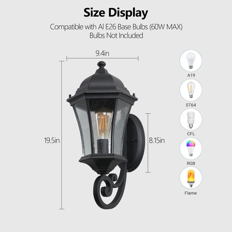 2-Pack Outdoor Wall Lantern Lights – Vintage Black Metal Sconce Exterior Lighting Fixtures for Porch, Patio, Garden, Entryway (E26 Base, Bulbs Not Included)