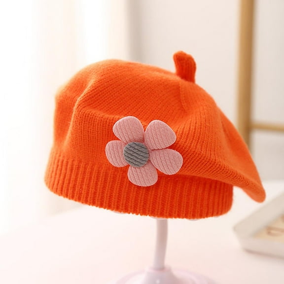 Sunvit-Panties Kids Beret Unisex with 3D Flower, Orange Stretch Knitted Cotton Hat for Ages 2-8, Fall Winter Cute Headwear for Kidss & Kids,Size Free Size