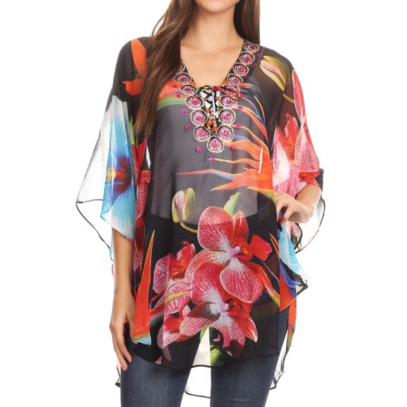 Sakkas Sloane Women's Printed V Neck Loose Fit Casual Circle Top Blouse with Ties - FLBK32-Black - One Size Regular