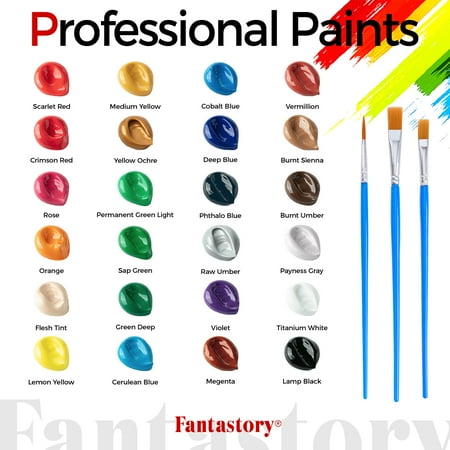 Fantastory Acrylic Paint Set, 24 Colors 12ML Tubes with 3 Paint Brushes, Portable Craft Paint Set for Painters