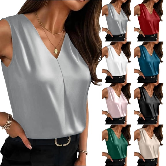 Lumtrix Womens Silk Satin Summer Tank Tops Trendy Sleeveless V Neck Blouses Dressy Casual Business Pleated Loose Shirts Beige 2XL