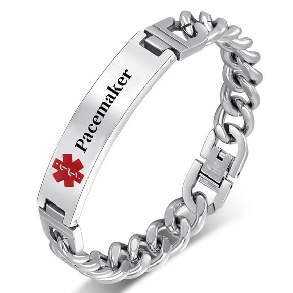 Vagzen Stainless steel Medical Alert ID Bracelet for Men, Engraved Pacemaker, Silver, 8.46 In