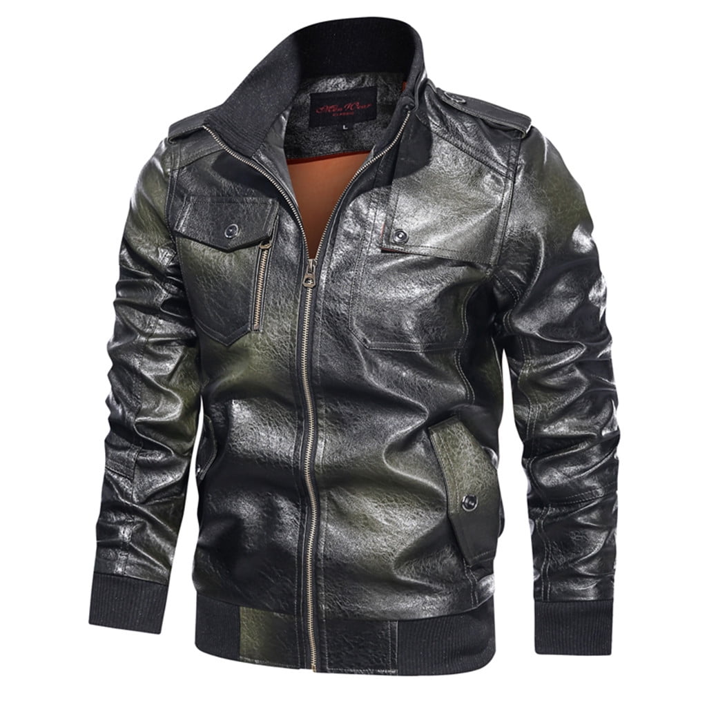 Homenesgenics Men's Leather Jacket Coats Men's Fashion Jacket Pure Color Zipper Stand Collar Imitation Leather Coat Tops