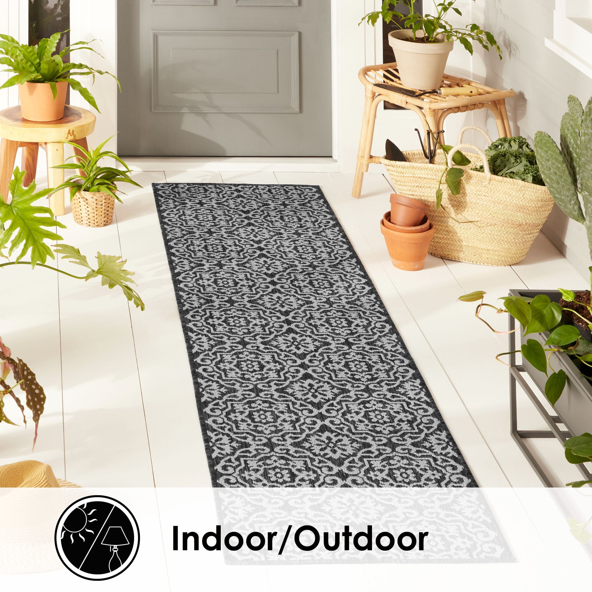 Nicole Miller New York Patio Country Danica Transitional Geometric Indoor/Outdoor Runner Area Rug, Black/Grey, 1'9"x7'2"