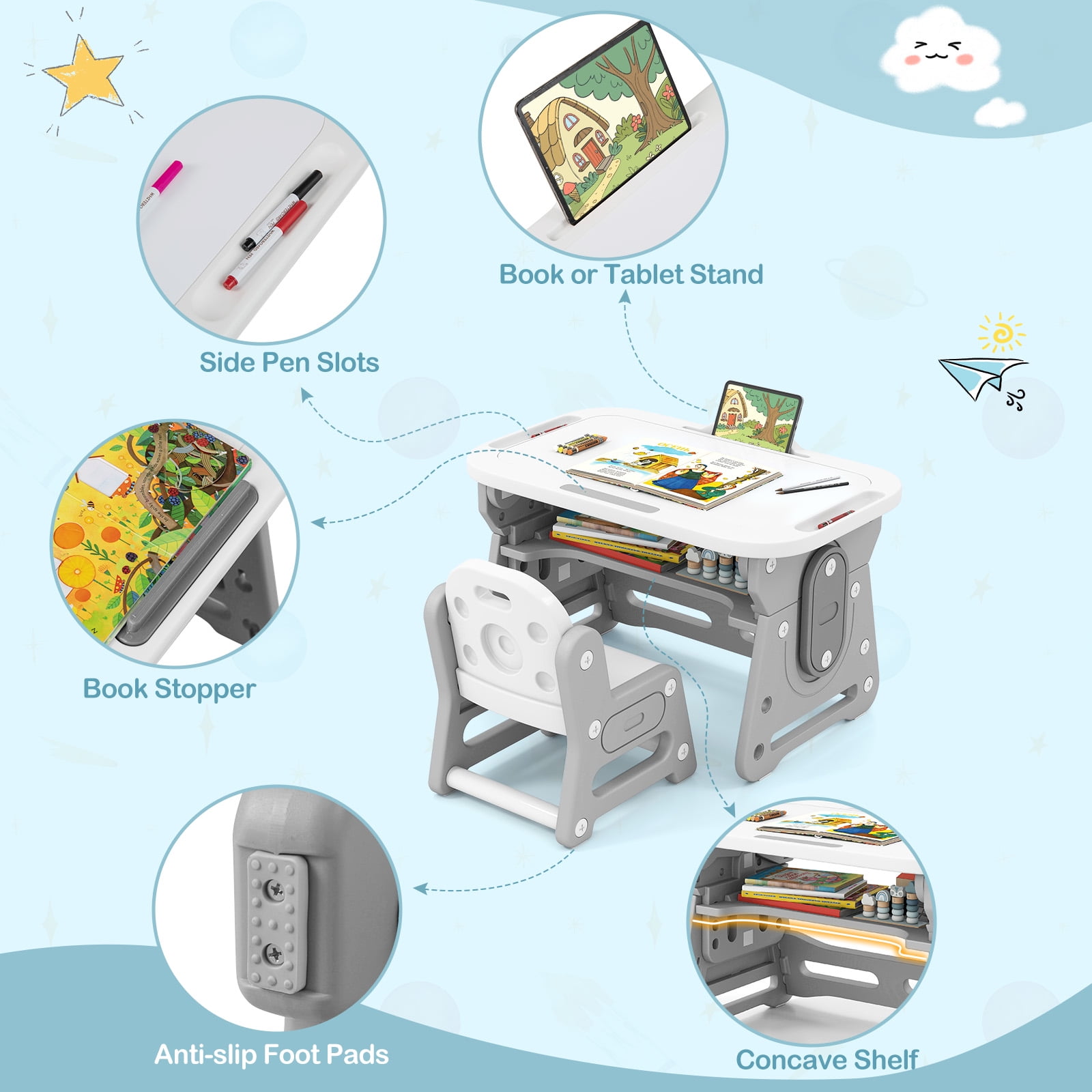 Gymax Kids Table & Chair Set Height Adjustable Toddler Drawing Table w/ Book Stand