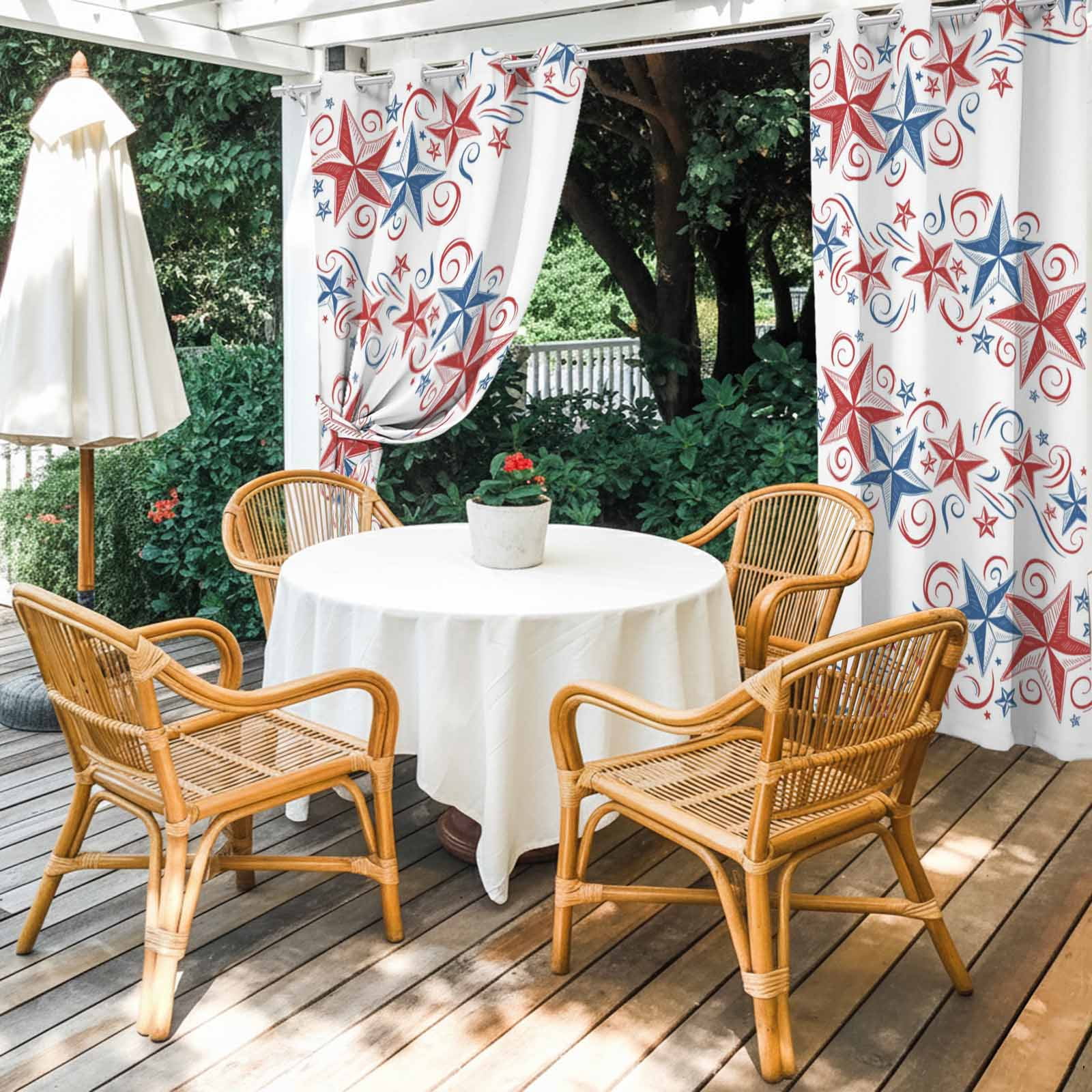 Independence Day Star Outdoor Curtains for Patio, 4th of July American Flag Red Blue Star Sunshade Privacy Drapes Grommet Waterproof Outside Curtains for Porch/Cabana/Balcony 54"x 84", 1 Panel