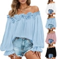 thumbnail image 4 of Black Ruffle Off-Shoulder Blouse for Women, Flowy lamp Sleeve Top with Stretch Fabric, Party & Date Night Essential, 4 of 8