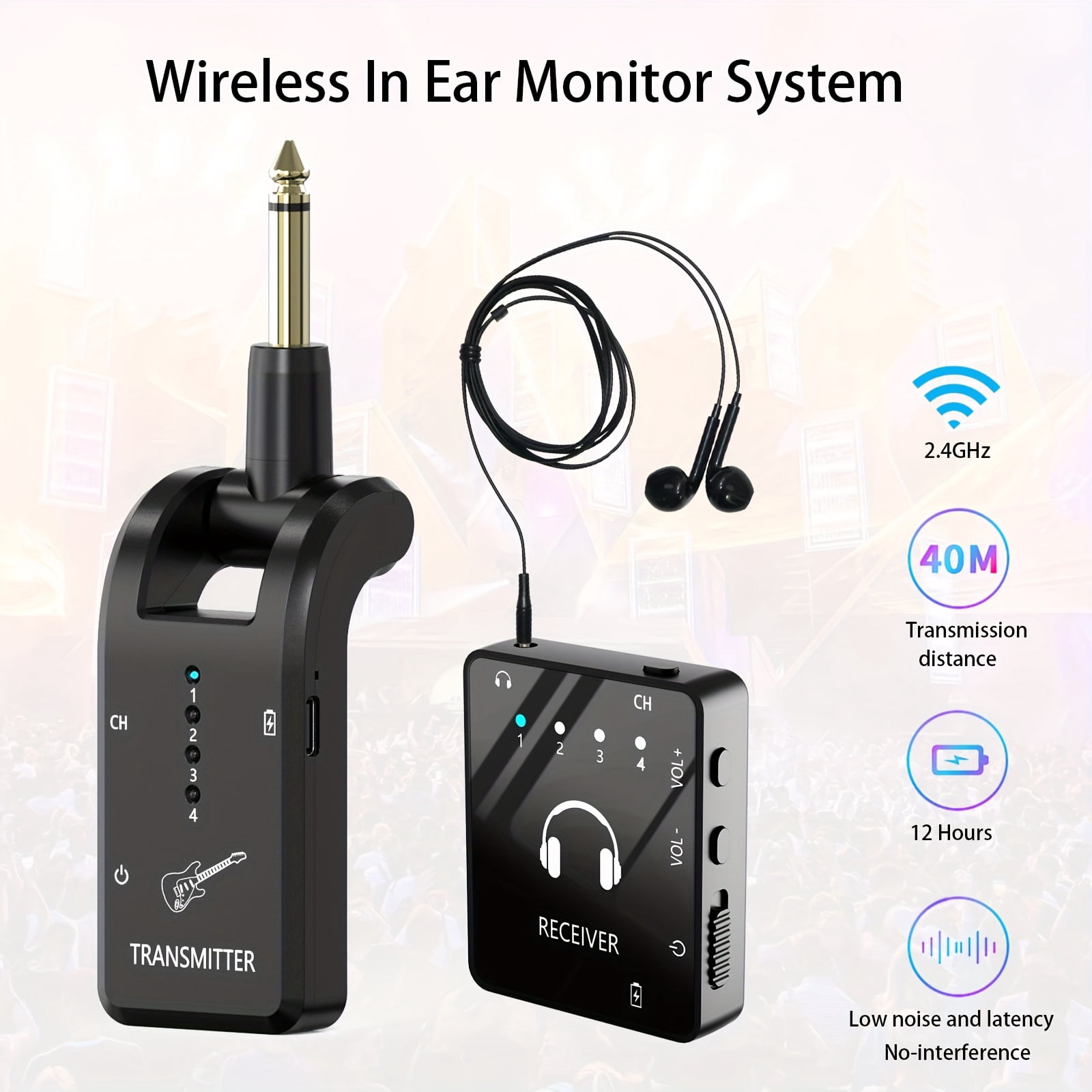 Wireless In-Ear Monitor System with IEM and Transmitter Clip Receiver, Can Be Paired Automatically, for Earphones, Guitars, DJ, Live Performance Supervision