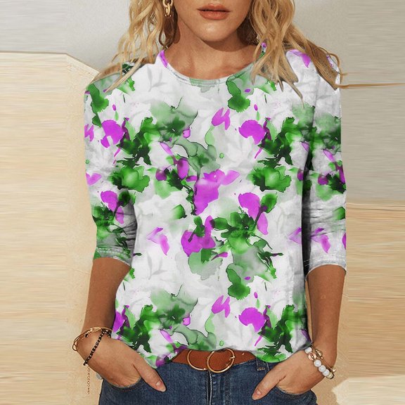 TaTaai Womens T Shirt 3/4 Sleeve Round Neck Printed Loose Top Casual Soft Comfortable for Everyday