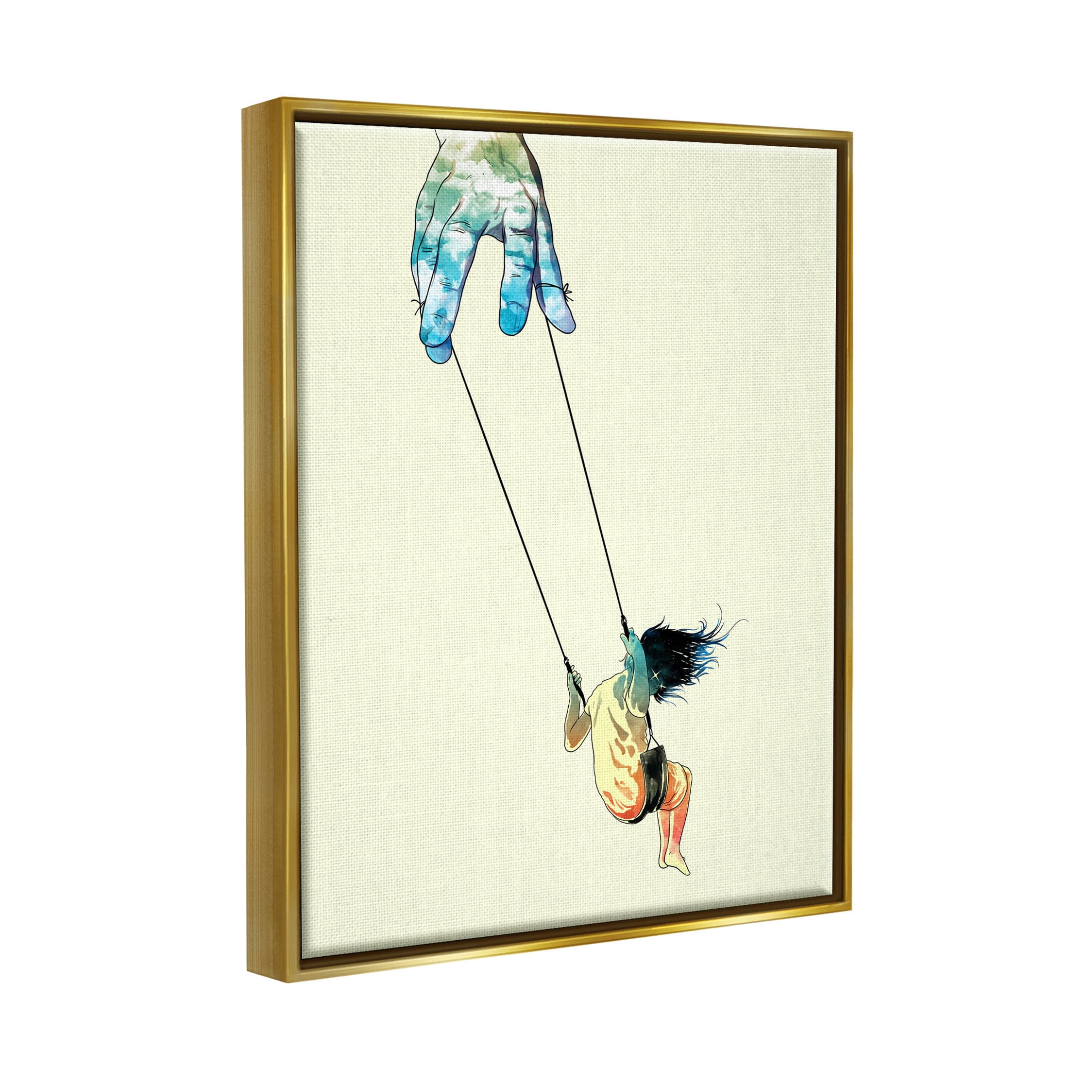 Stupell Industries Imaginative Marionette Girl On Swing Graphic Art Metallic Gold Floating Framed Canvas Print Wall Art, Design by Matheus Lopes Castro