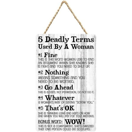 Wood Door Sign 5 Deadly Terms Used By A Woman Sign Hanging Printed Wooden Plaque Decor, Wall Art Decor Home Office Door Decoration 6X12 Inch