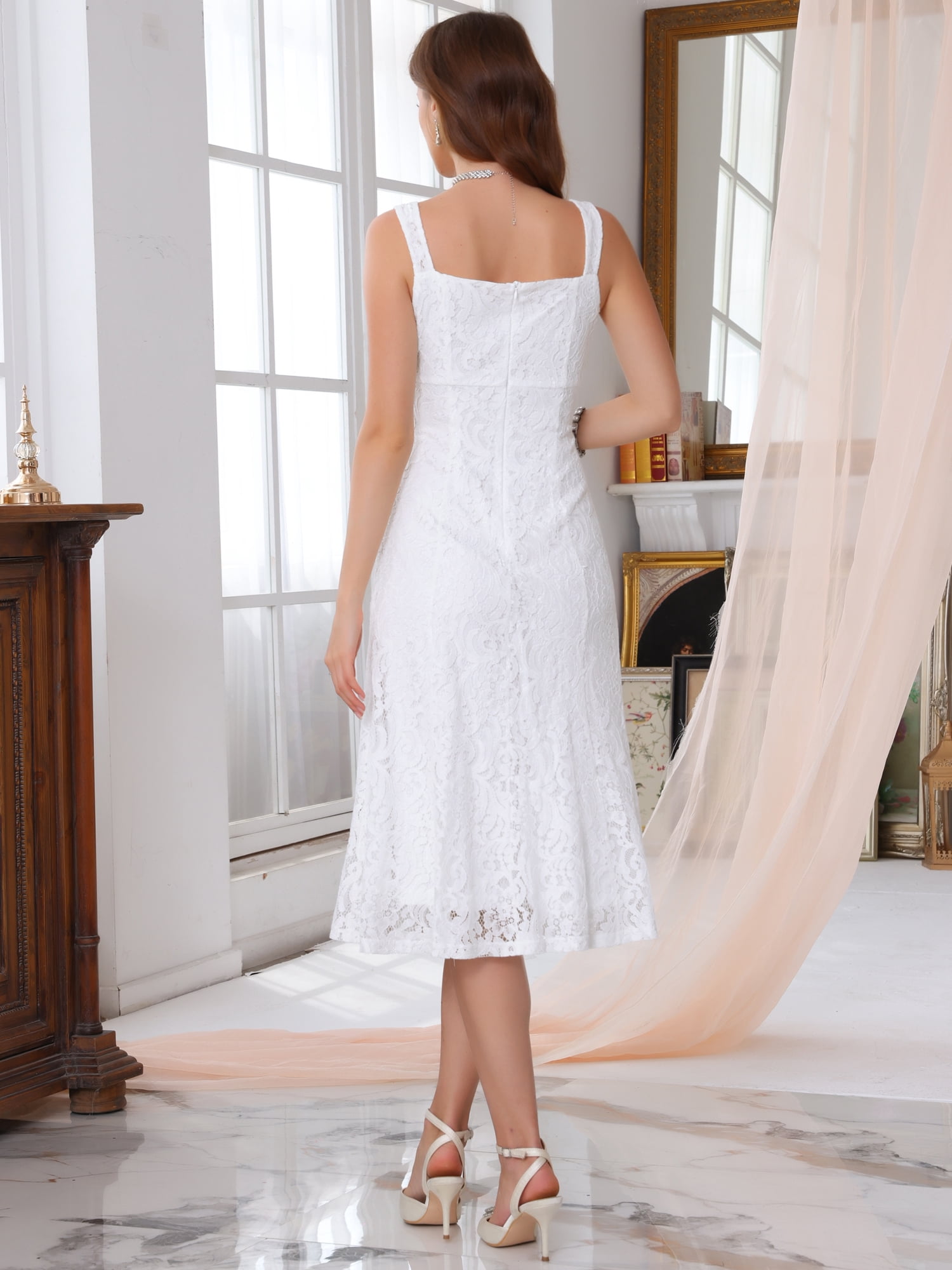 DARING DIVA Women's Lace Prom Straps Square Neck Sleeveless Midi Dress M White