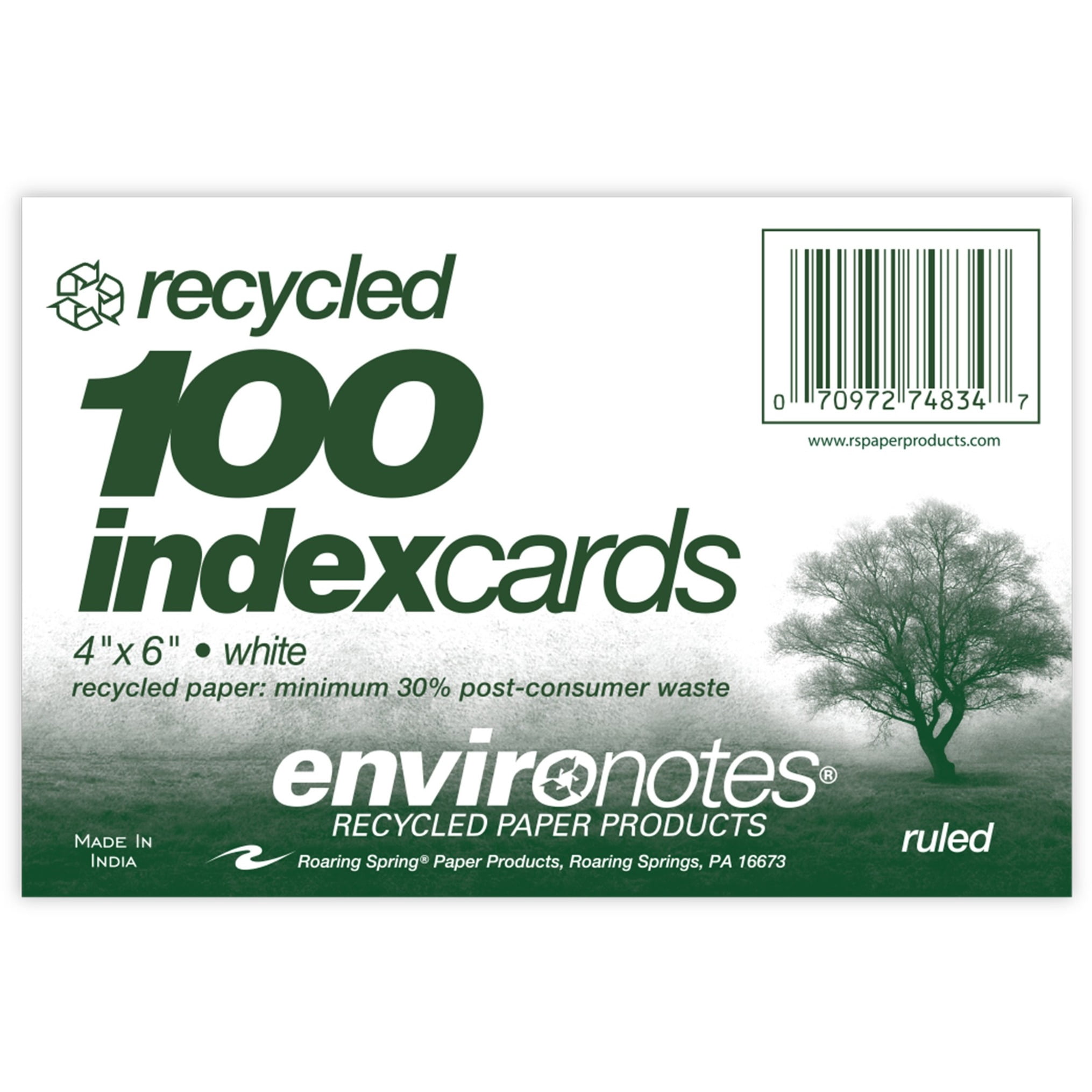 Roaring Spring Environotes Ruled Index Cards (100 Count), 1 Case (36 Packs), 4" x 6" , White