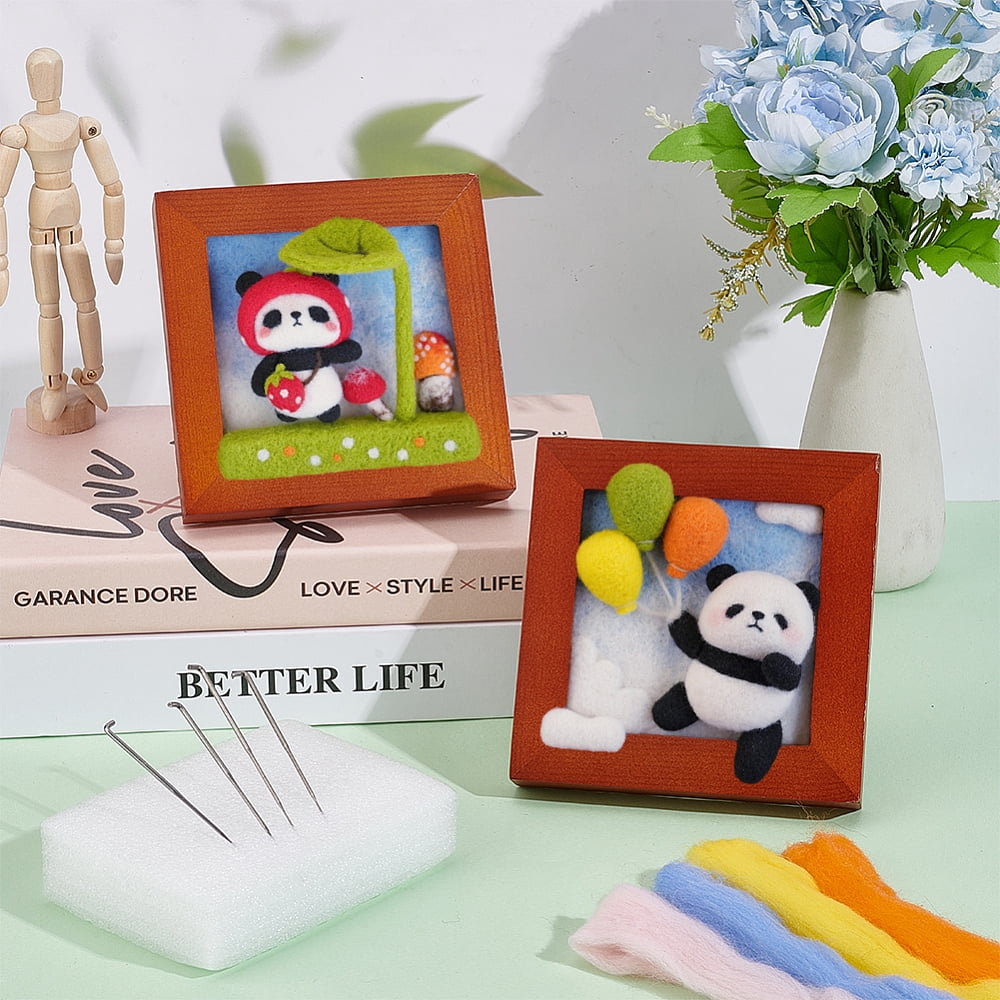2 Sets 2 Style Panda Photo Frame Needle Felting Kit for Beginners DIY Wool Felt Material Set with Instructions Mixed Color 126x126x20mm