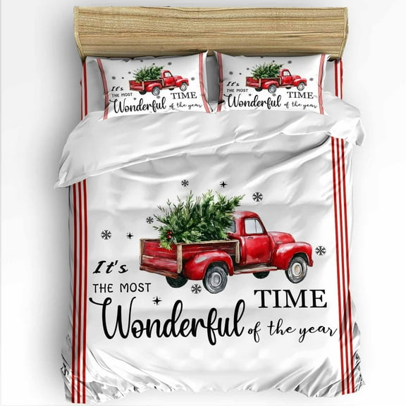 Christmas Winter King Size Comforter Set, Red Truck Christmas Tree Snowflake Soft Bedding for All Seasons, 4 Pcs Bed Set with 1Comforter (90"x106") ,1 Sheet(94"x116"), 2 Pillowcases (19"x35")