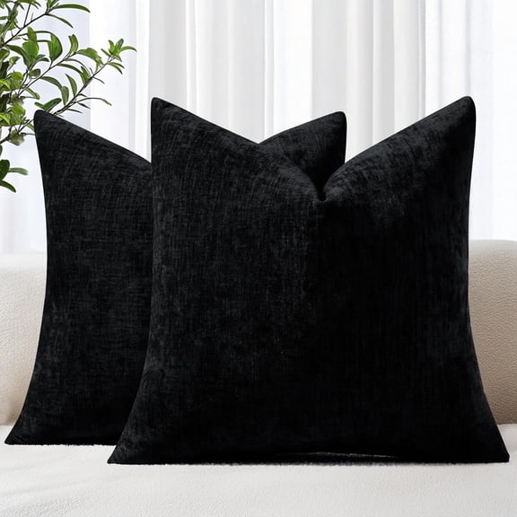 COOKCOK Chenille Throw Pillow Covers 18 x 18 Inch Set of 2, Soft Solid Dyed Decorative Accent Pillow Cases for Couch Sofa Bed Living Room, Black