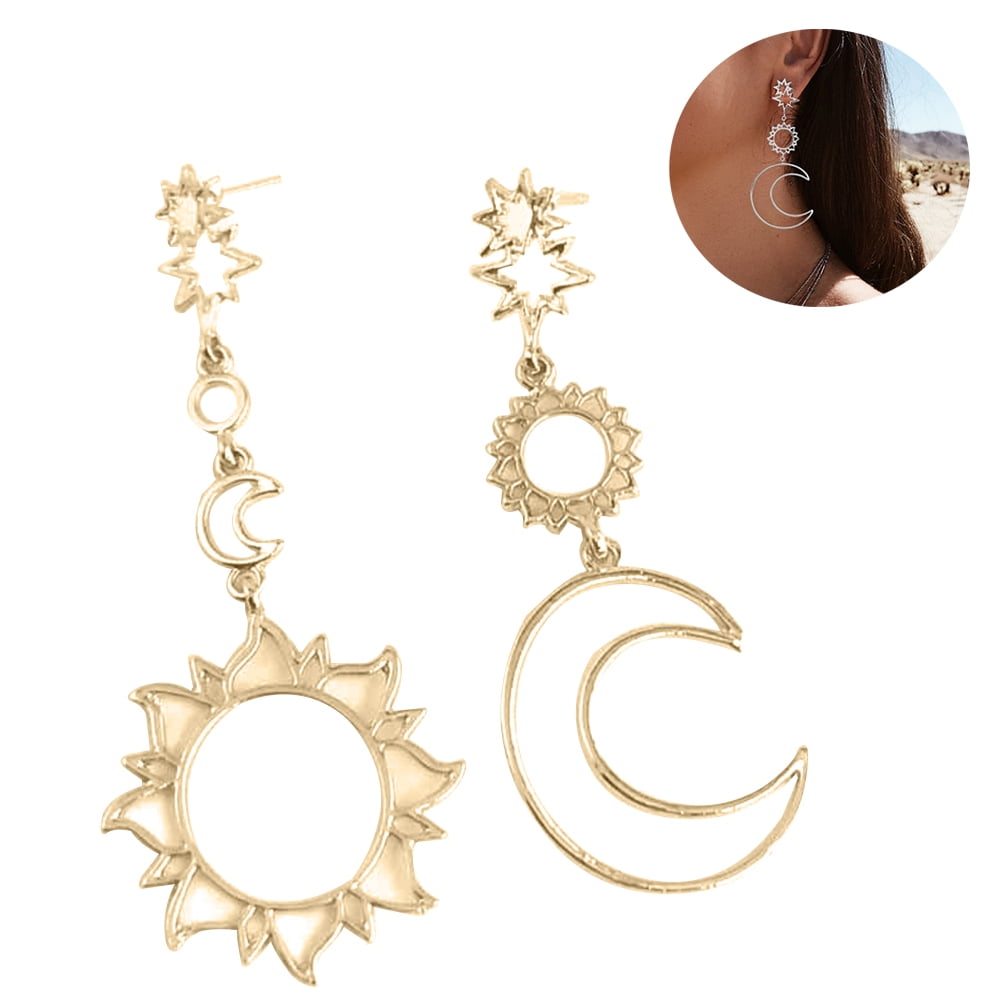 Women Boho Asymmetrical Moon Star Sun Leaf Ear Drop Dangle Stud Earrings Jewelry 