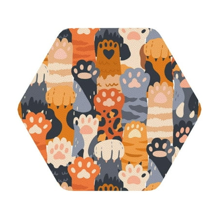 

Coaee Cute Cat Paw Print Leather Coasters Set of 6 Non-Slip Washable Cup Coasters for Home Office Bar Hexagon