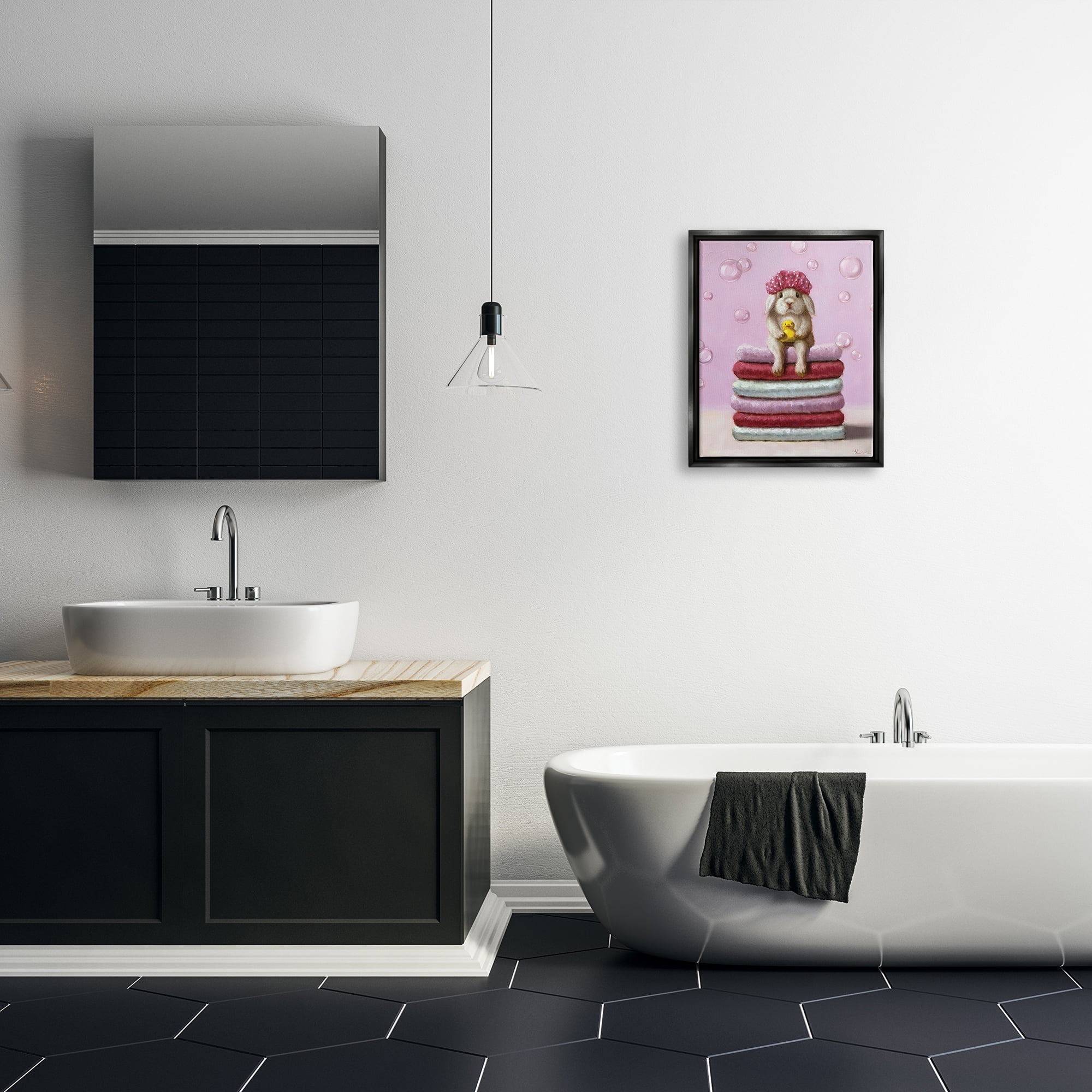 Stupell Industries Cute Baby Rabbit on Bath Towels Soap Bubbles Jet Black Framed Floating Canvas Wall Art, 16x20, by Lucia Heffernan