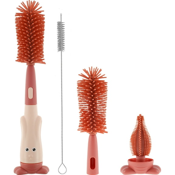 Pcapzz 3Pcs Baby Bottle Brush Set Lone Handle Silicone Bottle and Teat Cleaning Brush with Stand Straw Cleaner Brush Nipples Brush for Baby Bottles