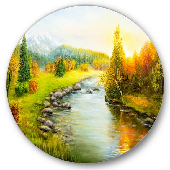 Designart 'Autumn Landscape With Forest River and Mountains' Lake House Circle Metal Wall Art 36x36 - Disc of 36