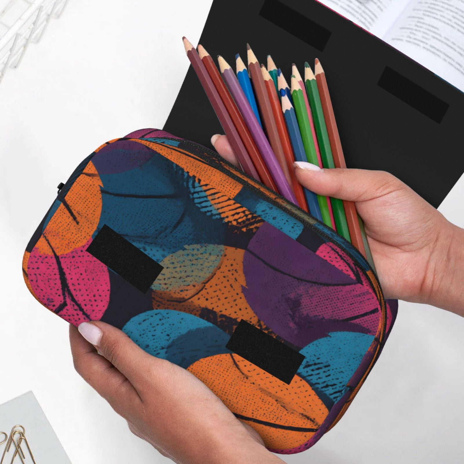 Large-Capacity Flip-Top Double-Layer Pencil Case, Multi-Functional Pocket Pen Case, Durable Stationery Organizer Seamless Pattern Basketball Theme Cool Style