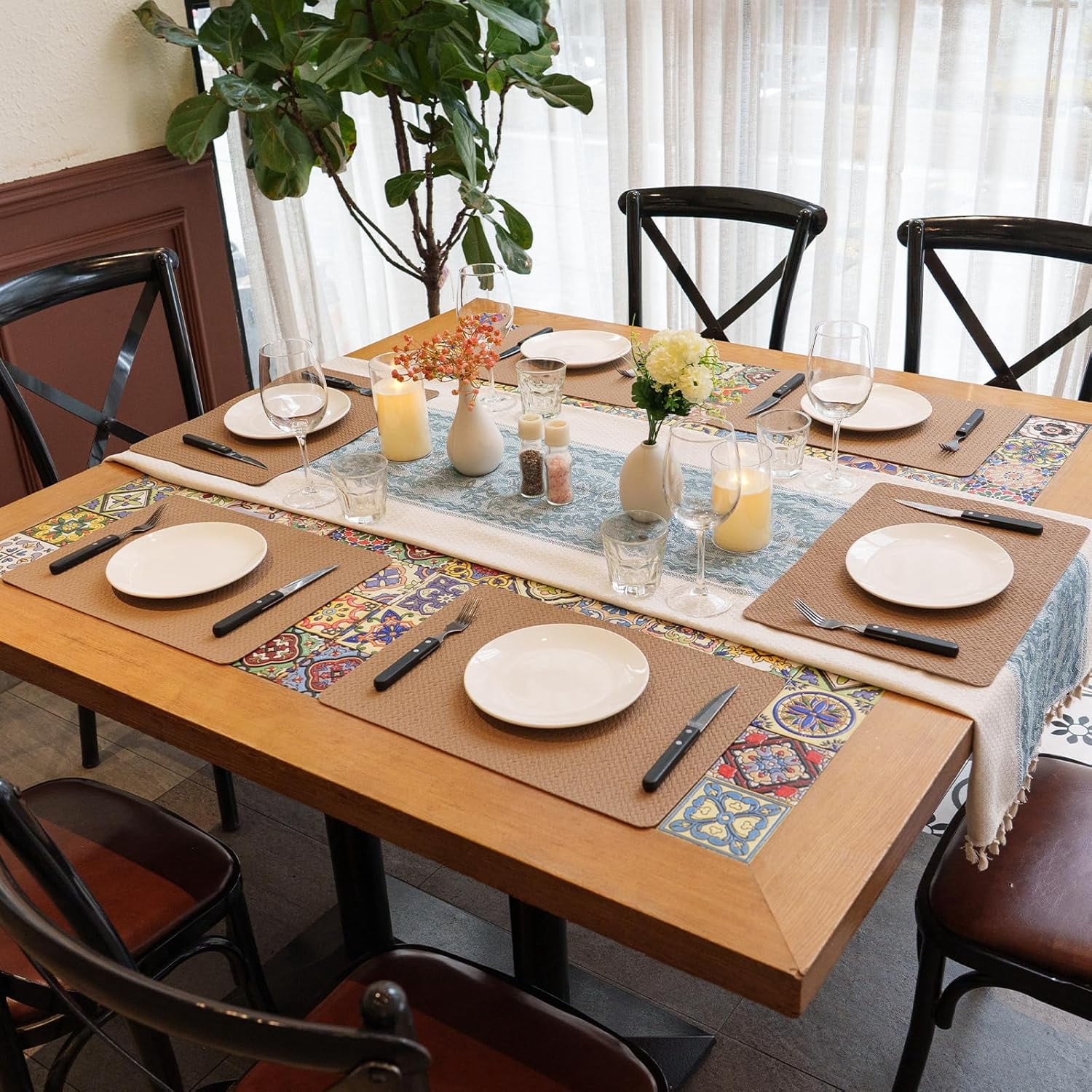 PROMATTOO Woven Embossed Placemats Set of 6,Heat Resistant,Faux Leather Dining Table Mat,Golden Beige