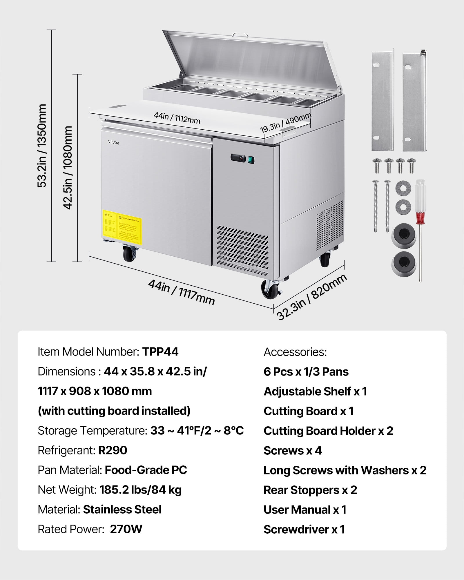 VEVOR Commercial Refrigerator, 44" W Pizza Prep Refrigerated Table, 20" Ultra Wide Countertop Food Prep Worktable,11 Cu.Ft Single Door Salad Prep Fridge,6 Pans
