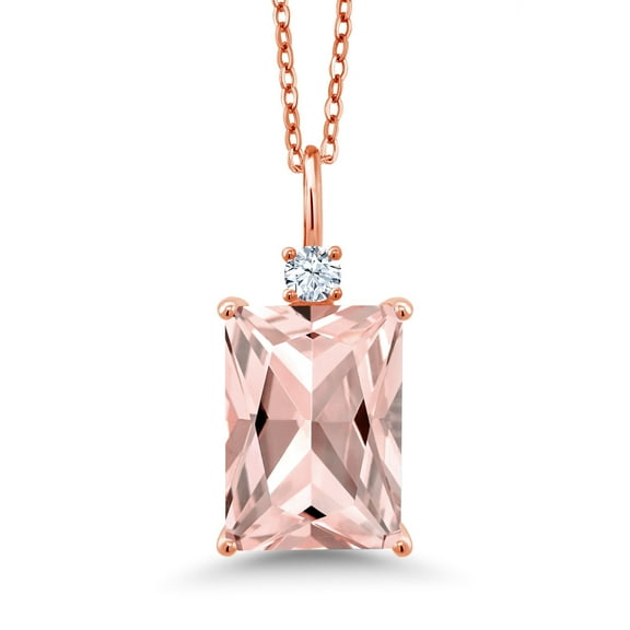 Gem Stone King 18K Rose Gold Plated Silver Peach Simulated Morganite Pendant Necklace for Women | Emerald Cut 14X10MM | 6.41 Cttw | With 18 inch Silver Chain