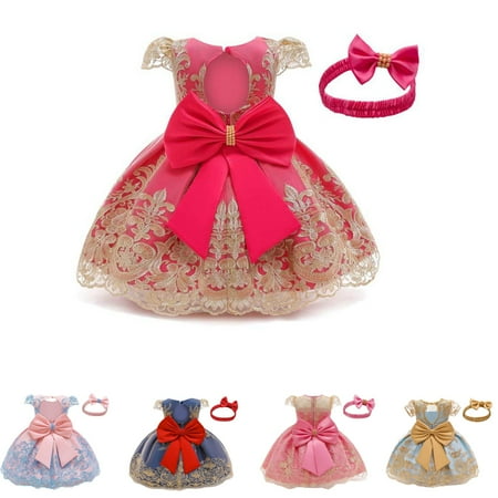 

0-24M Baby Girls Pageant Lace Embroidery Dresses Toddler Party Bowknot Tutu Gown Dress with Headwear