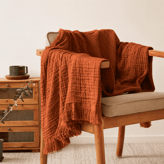 Rust Orange Knit Woven Gauze Cotton Throw Blanket with Tassels for Bed and Couch
