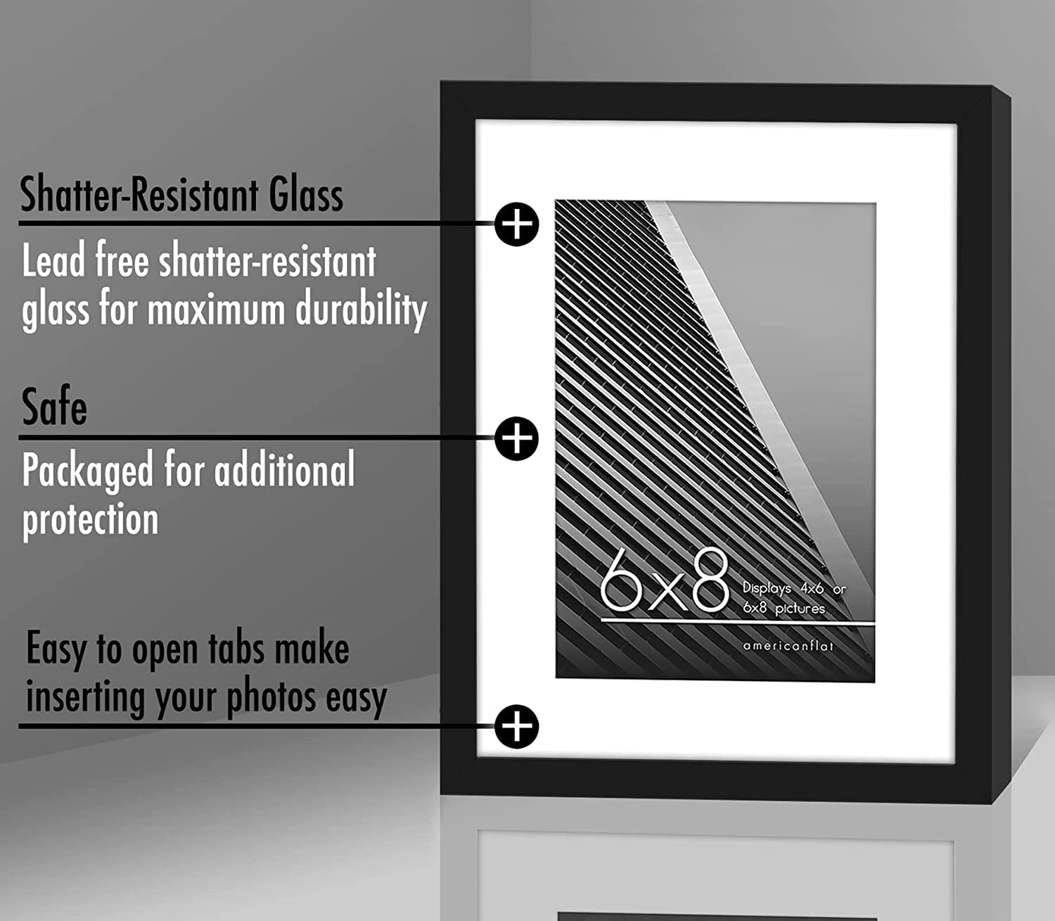 Americanflat 6x8 Picture Frame with Mat for 4x6, Plastic and shatter-resistant glass, Black