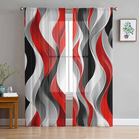 Red Black Grey Sheer Curtains 63 Inches Length 2 Panels Set, Window Sheer Curtains for Living Room/Bedroom, Moire Modern Artwork Abstract Light Filtering Rod Pocket Curtain 52'' x 63'' x 2