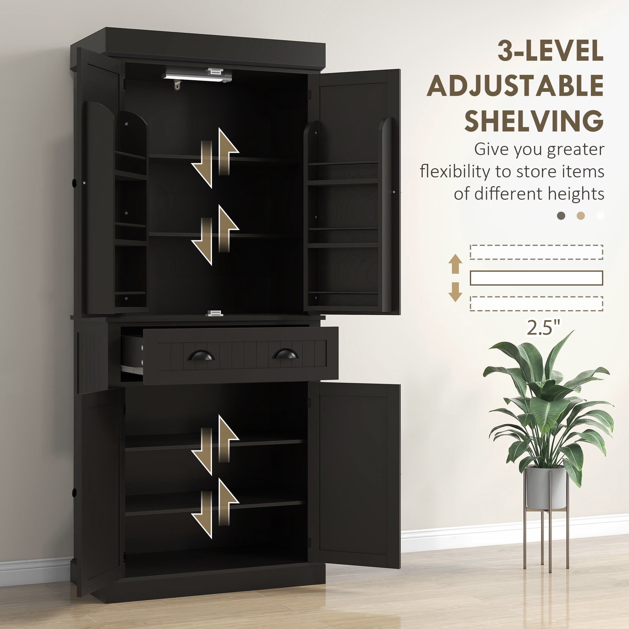 HOMCOM 71" LED Kitchen Pantry Cabinet, Tall Storage Cabinet with 6 Door Shelves, a Drawer and 4 Adjustable Shelves, Black