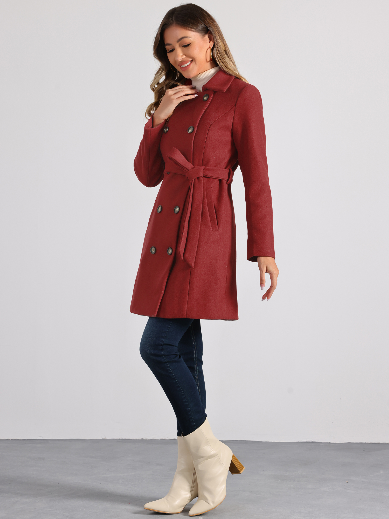 DARING DIVA Women's Double Breasted Slant Pocket Button Down Belted Coats Dark Red L