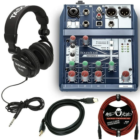 Soundcraft Notepad-5 Small-Format Analog Mixing Console with USB I/O Bundle with Tascam TH-02 Professional Recording Closed Back Studio Headphones and Accessories (3