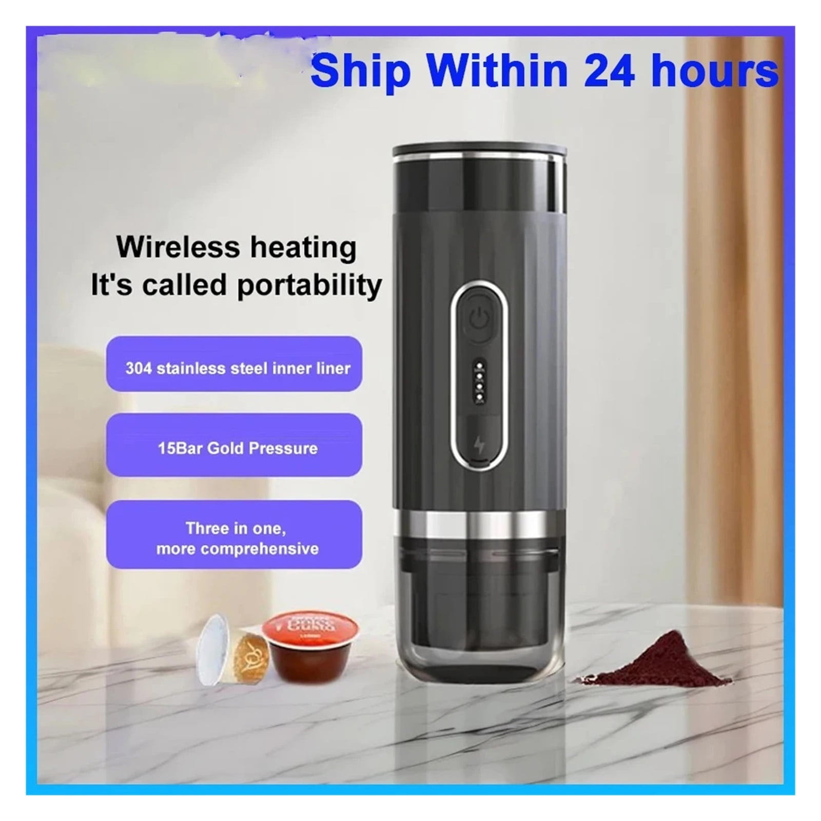 Portable Italian Espresso Machine 3-in-1 Capsule Powder Electric Outdoor Car Mounted Wireless Heating Coffee Machine Fast Char ,Portable