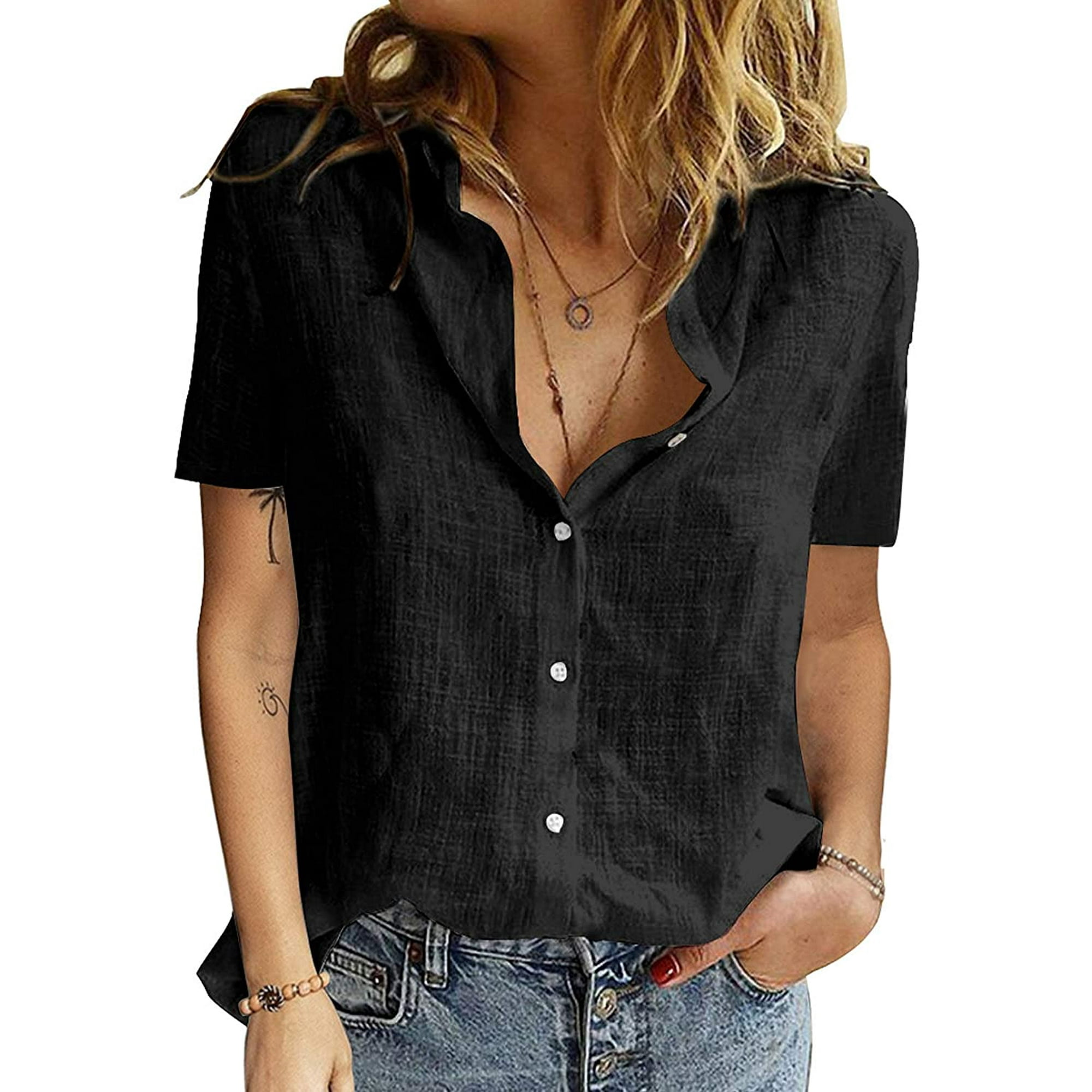 Yiailnter Women s V Neck Casual Blouses Trendy Short Sleeve Work Office Girls Plain Button Down Tops T Shirts black L