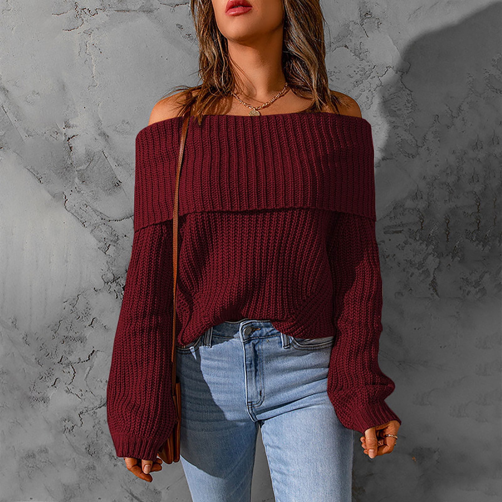 CHGBMOK Sweaters for Women Casual Soild Long Sleeve Knit Pullover Off  Shoulder Sweater Coat